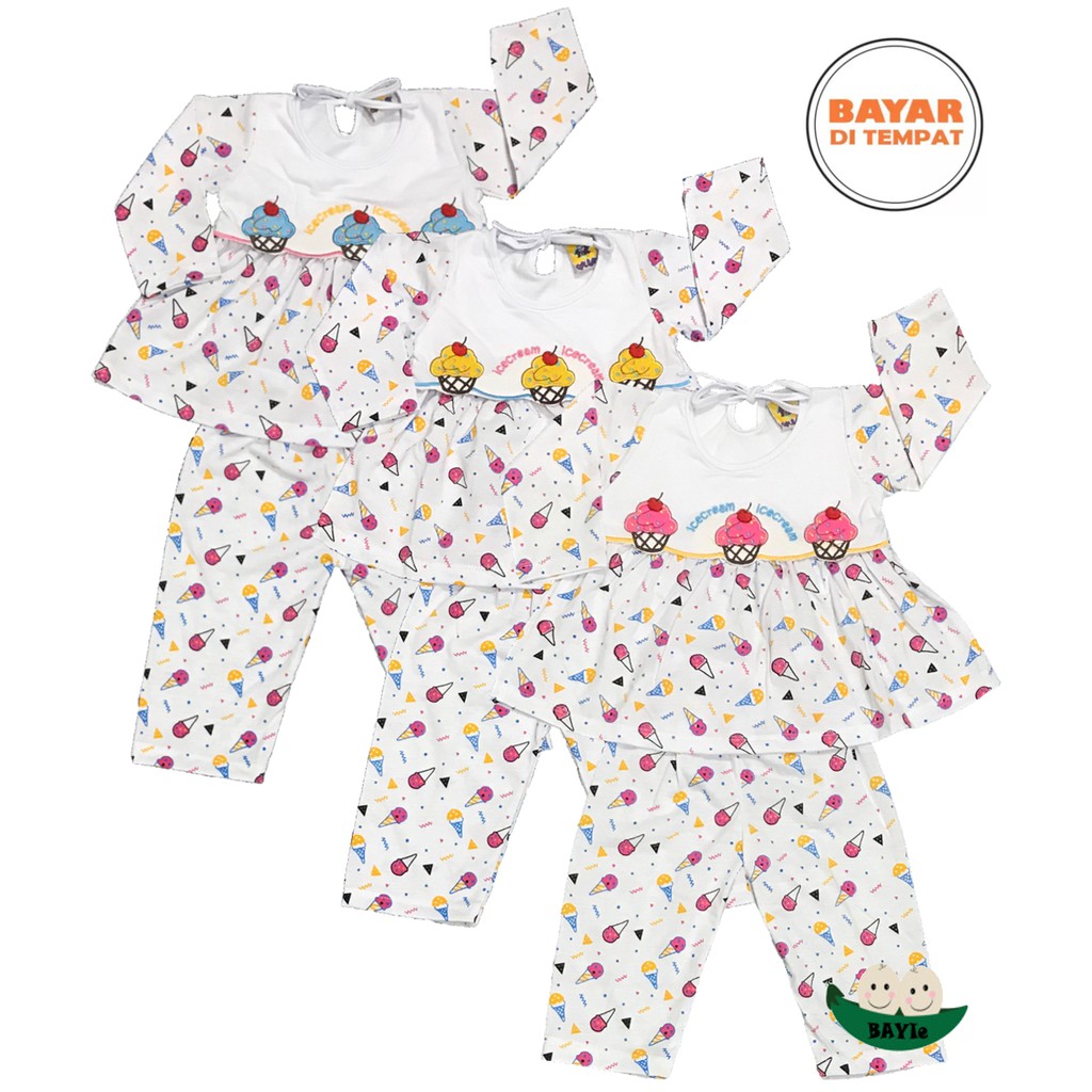 BAYIe - Setelan Baju Bayi/Anak Panjang Perempuan motif ICE CREAM COOL BABY usia 0 - 12 bulan