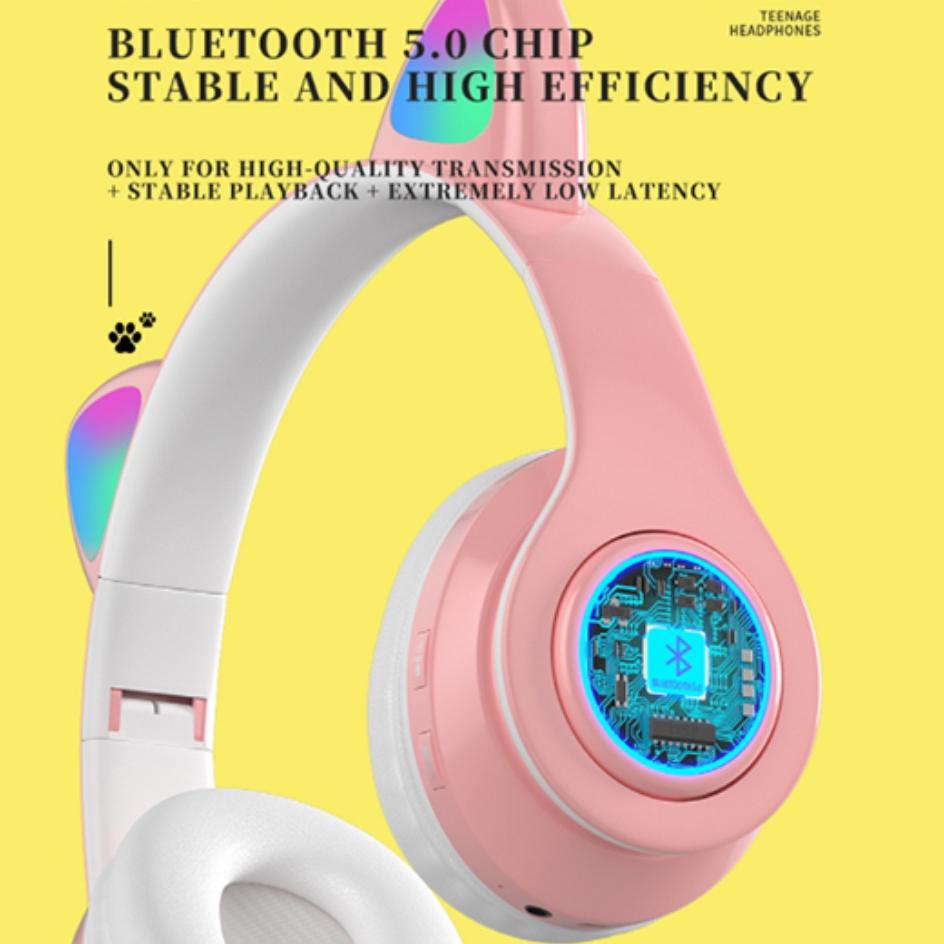 Lagi Tren.. Cute Headphone Gaming Bluetooth Wireless Cat Ear Headphone Kucing LED Wireless Stereo Ba