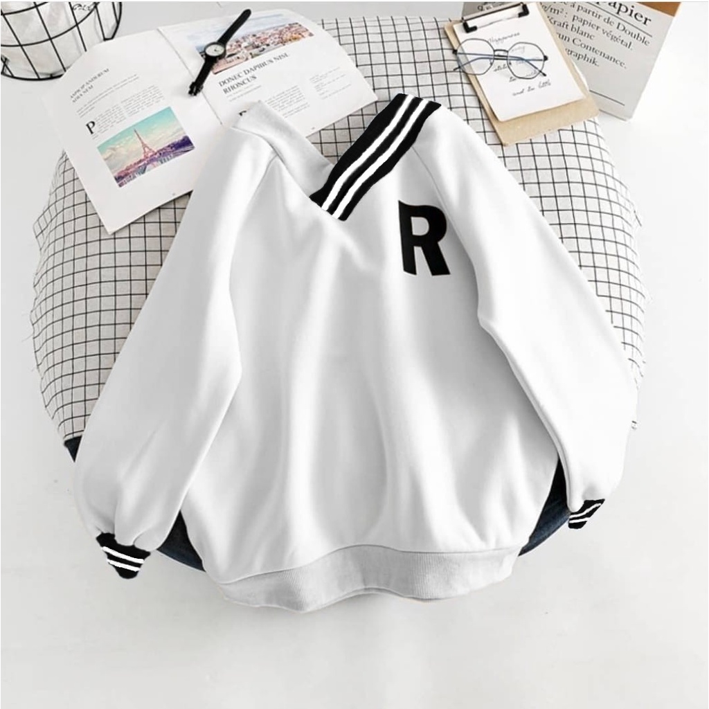 R VNECK OVERSIZE SWEATER BAHAN FLEECE - CREWNECK OVERSIZE