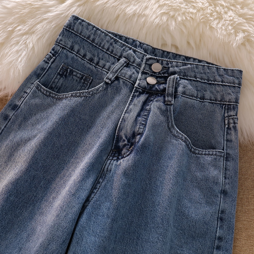 Korean Style Celana Jeans Wanita/High Waist Loose Straight Biru Jeans