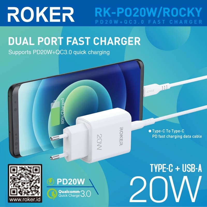 CHARGER - TC ROKER ROCKY PD 20W + QC 3.0 FAST CHARGING RK-PO20W