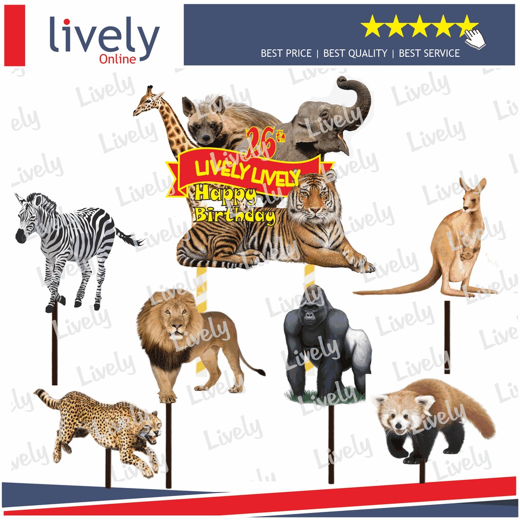 CUSTOM NAMA CAKE TOPPER KARAKTER WILD ANIMAL HIASAN KUE ULANG TAHUN HAPPY BIRTHDAY