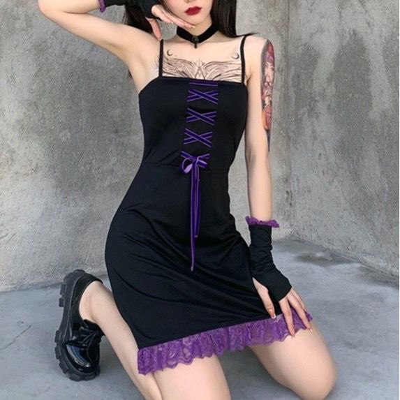 [Goth] Sexy Rope Mini Slip Dress with lace edge 8597 (S/M/L)