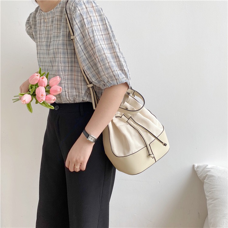 Mores Bag Tas Selempang wanita Hebe Medium Bucket Kanvas PU / Woman Slingbag Serut Canvas Import Tas remaja Aesthetic Korean style