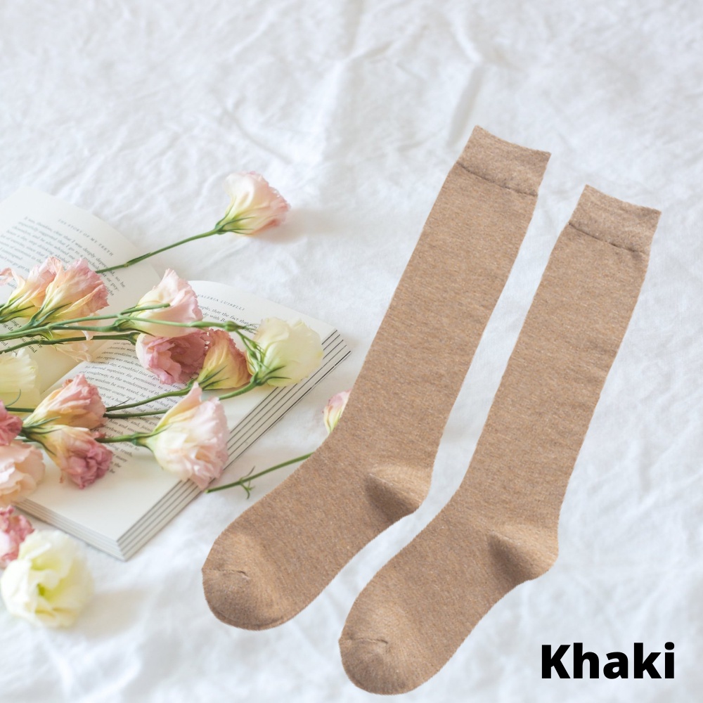 Kaos Kaki Cewek Panjang Selutut  Kaos Kaki Gaya Jepang korea  Kaos Kaki Muslimah Calf Socks Polos-Khaki