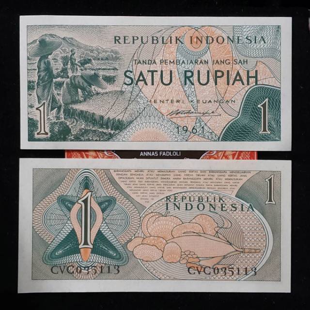 (Gress/Baru) 2 lembar set uang kuno 1 rupiah tahun 1956 sandang pangan dan 1961 suku bangsa