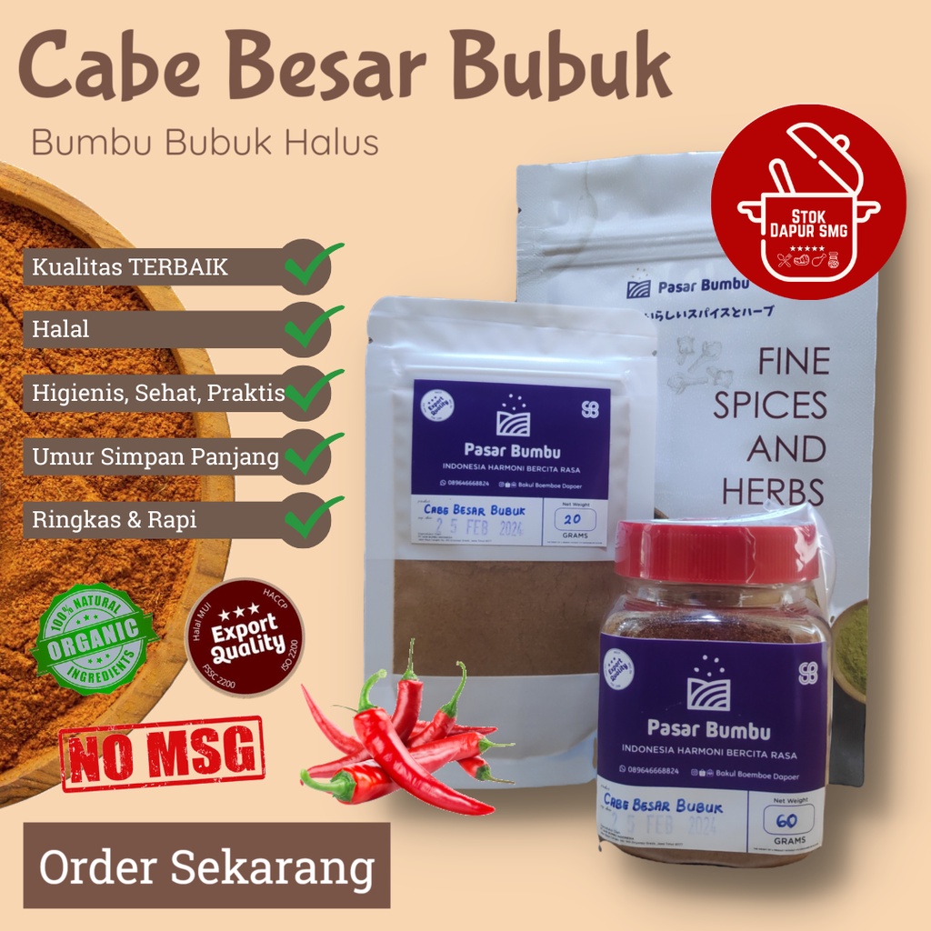 

Pasar Bumbu Cabai Cabe Merah Besar Bubuk Halus / Red Chili Powder Pouch Refill 20gr 50gr 100gr Botol 60gr