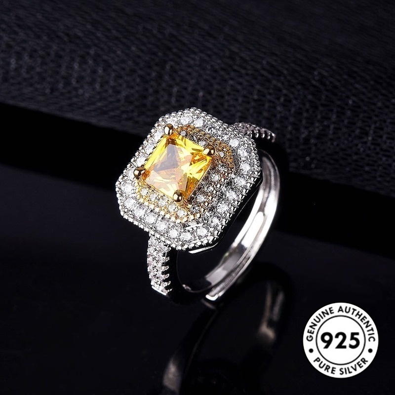 Cincin Tunangan Silver S925 Hias Berlian Kuning Bentuk Kotak Untuk Wanita