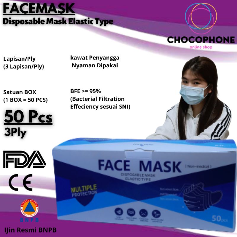 Masker Earloop 3Ply Disposable - Masker Earloop 3 Ply 50pcs Biru