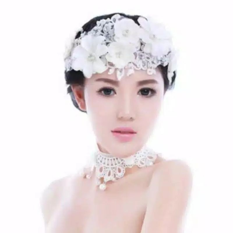 tiara rambut bridal model bunga dengan mutiara dan berlian imitasi