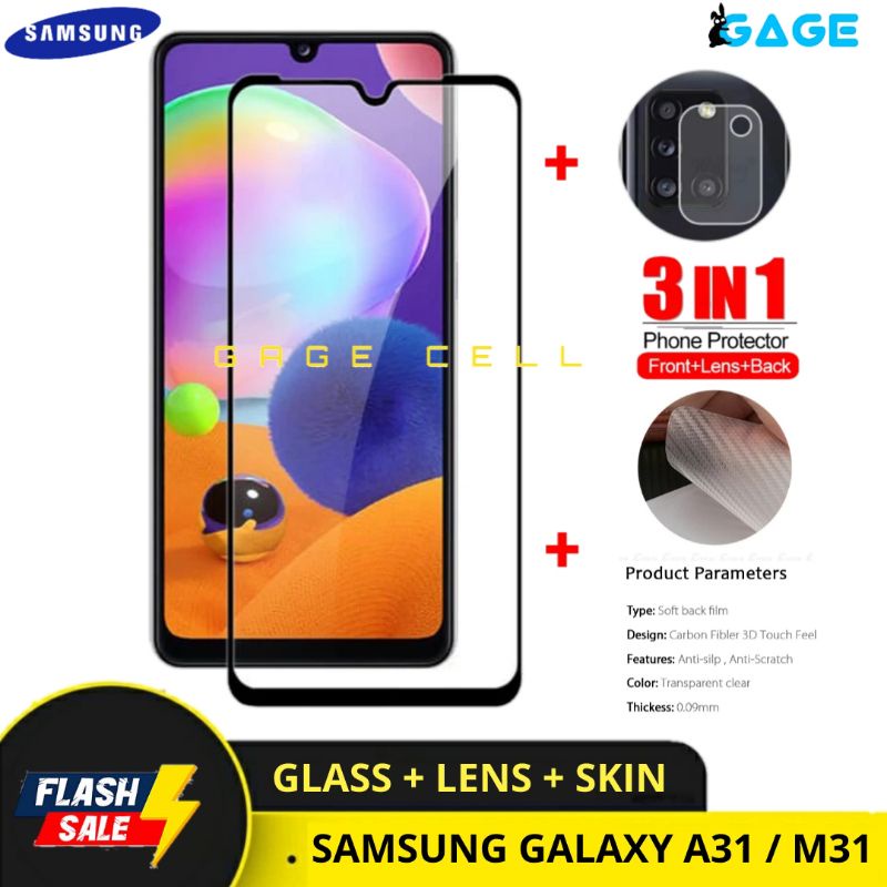 PROMO 3IN1 TEMPERED GLASS LAYAR KAMERA SKIN CARBON SAMSUNG GALAXY A11 M11 FULL SCREEN PROTECTOR