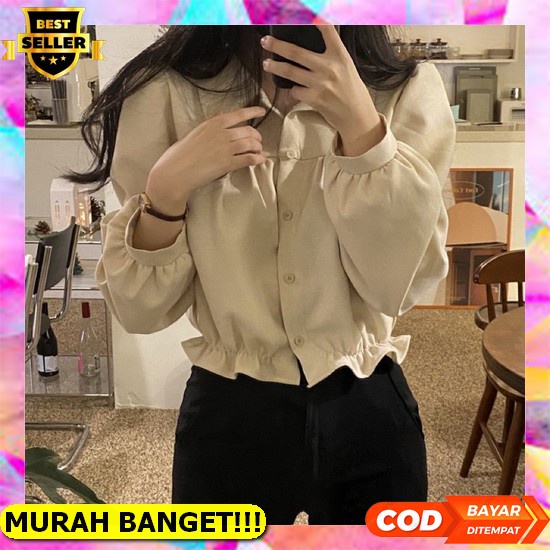 7292 Baju Atasan Blouse Kerah Vneck Lengan Pendek Kerja Kantor Motif Bunga Flower Korean Style Wanit