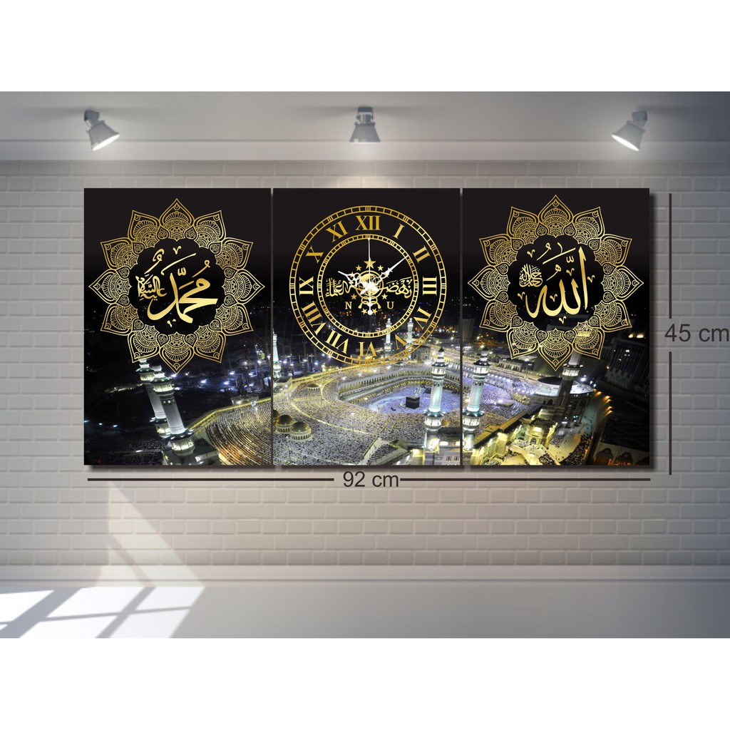 Jam custom kaligrafi foto masjidil haram mekah 1 set ukuran besar