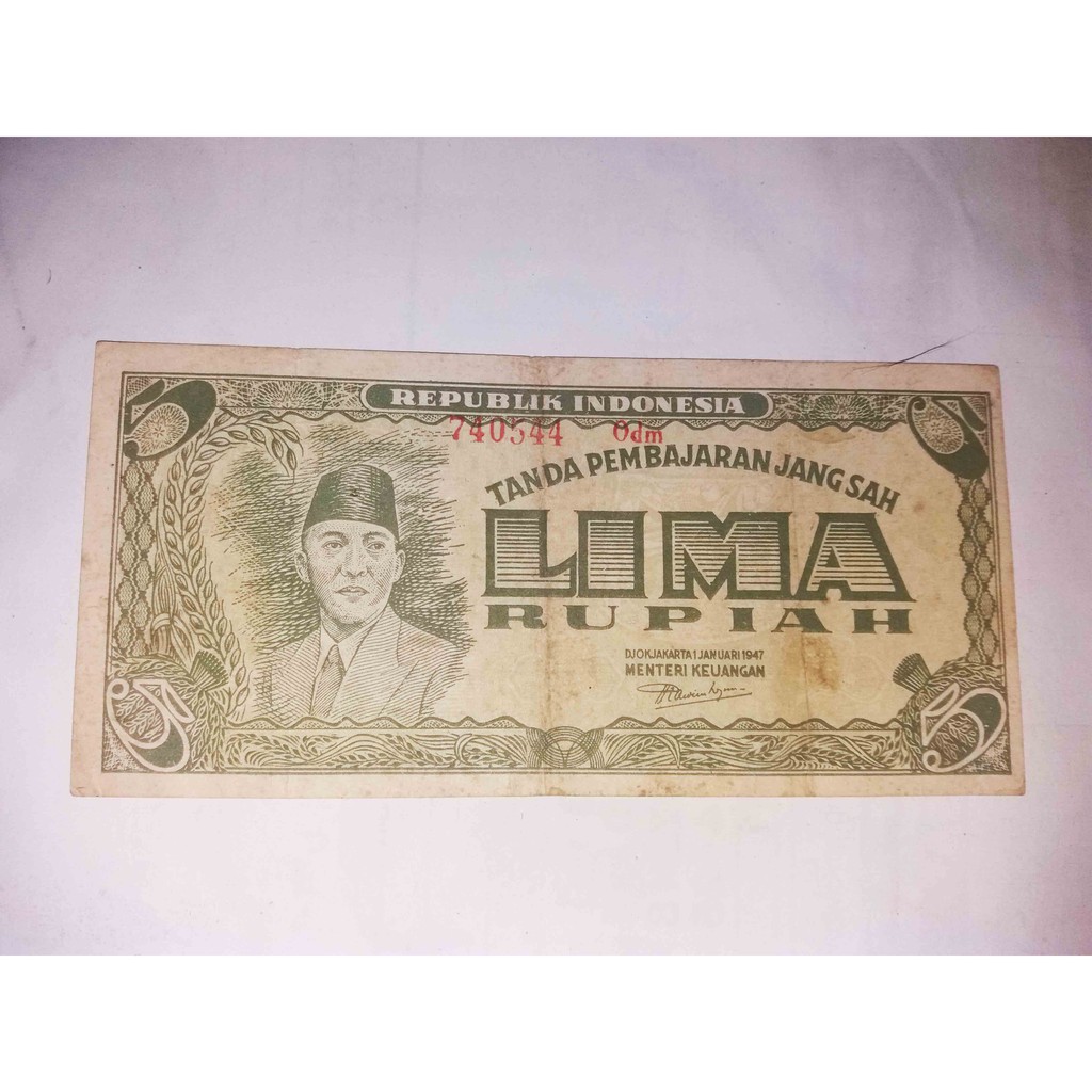 UANG KUNO 5 RUPIAH TAHUN 1947 ORI 2 SUKARNO