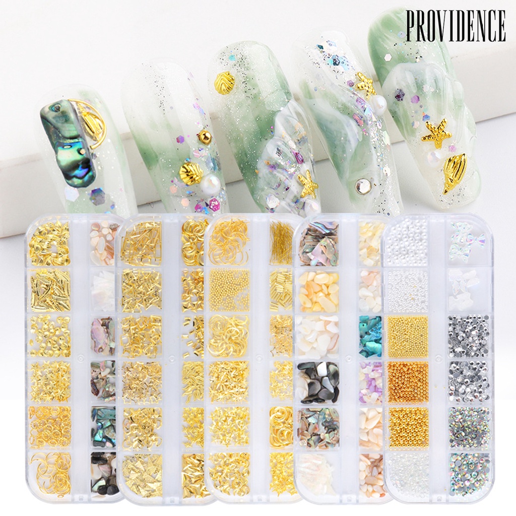 Providence 12 Grids/Box Nail Art Flakes Mixed Glitter Metal Multifunctional Portable Manicure Shell Stone Rhinestone Decoration for Female