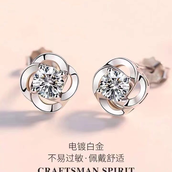 (Hello Girl)E32 Anting Bunga Silver Diamond Fashion Wanita Stud Earrings Import-1