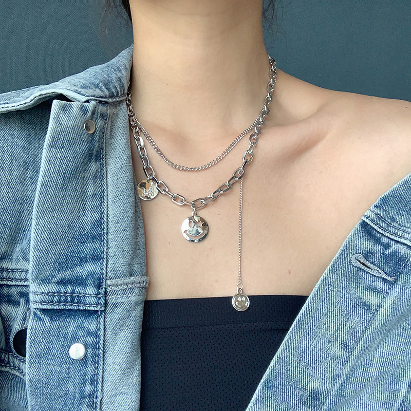 [Women Punk Chain Necklaces] [Ladies Fashion Hip Hop Clavicle Necklace] [Girls Personality Smiley Face Pendant Necklace]