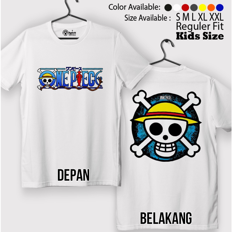 Kaos Atasan Anak Laki Laki / Baju Anak / Kids T shirt Anime One Piece Logo Tengkorak Bajak Laut Sablon Depan Belakang