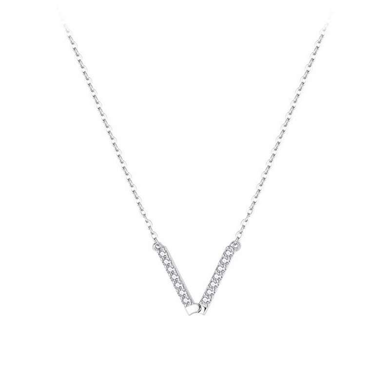 Kalung Rantai Sterling Silver 925 Dengan Liontin Kristal Zircon AAA Bentuk V Untuk Wanita