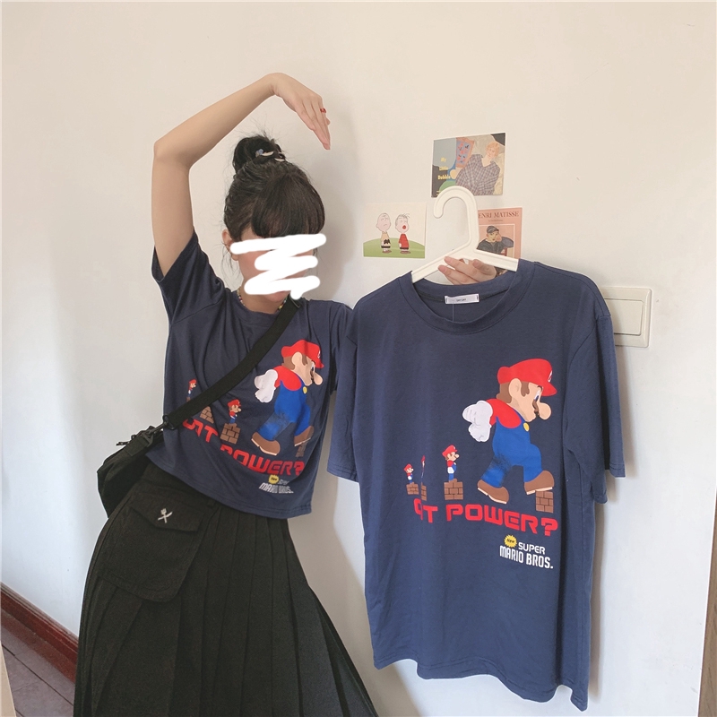 Korea Style Kasual Kartun  Lucu  Mario Cetak Kaos  Lengan 