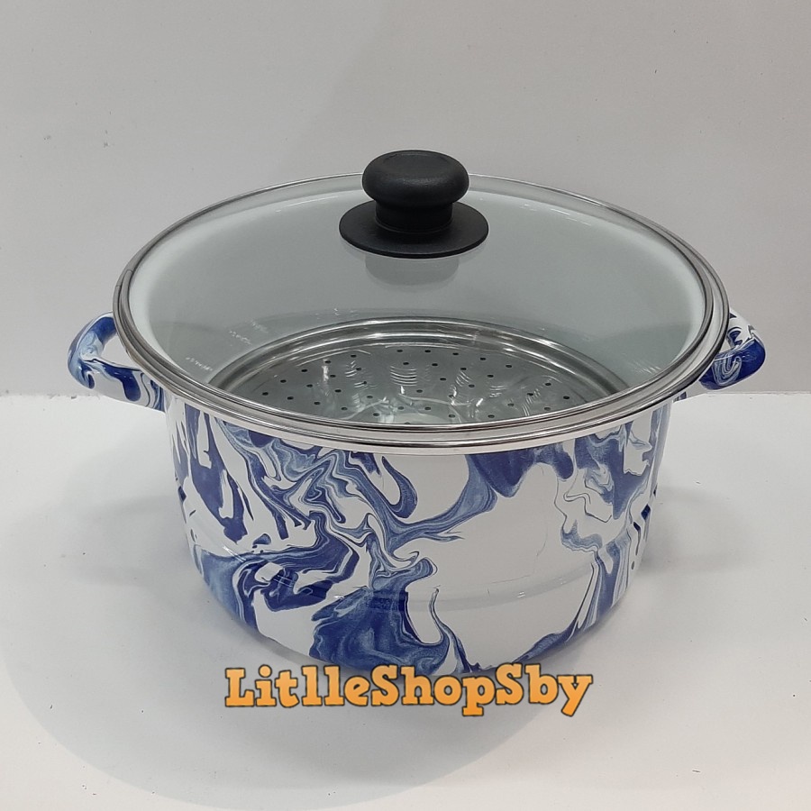 Panci Jumbo Besar Enamel 24cm Biru Blirik Marble Tutup Kaca