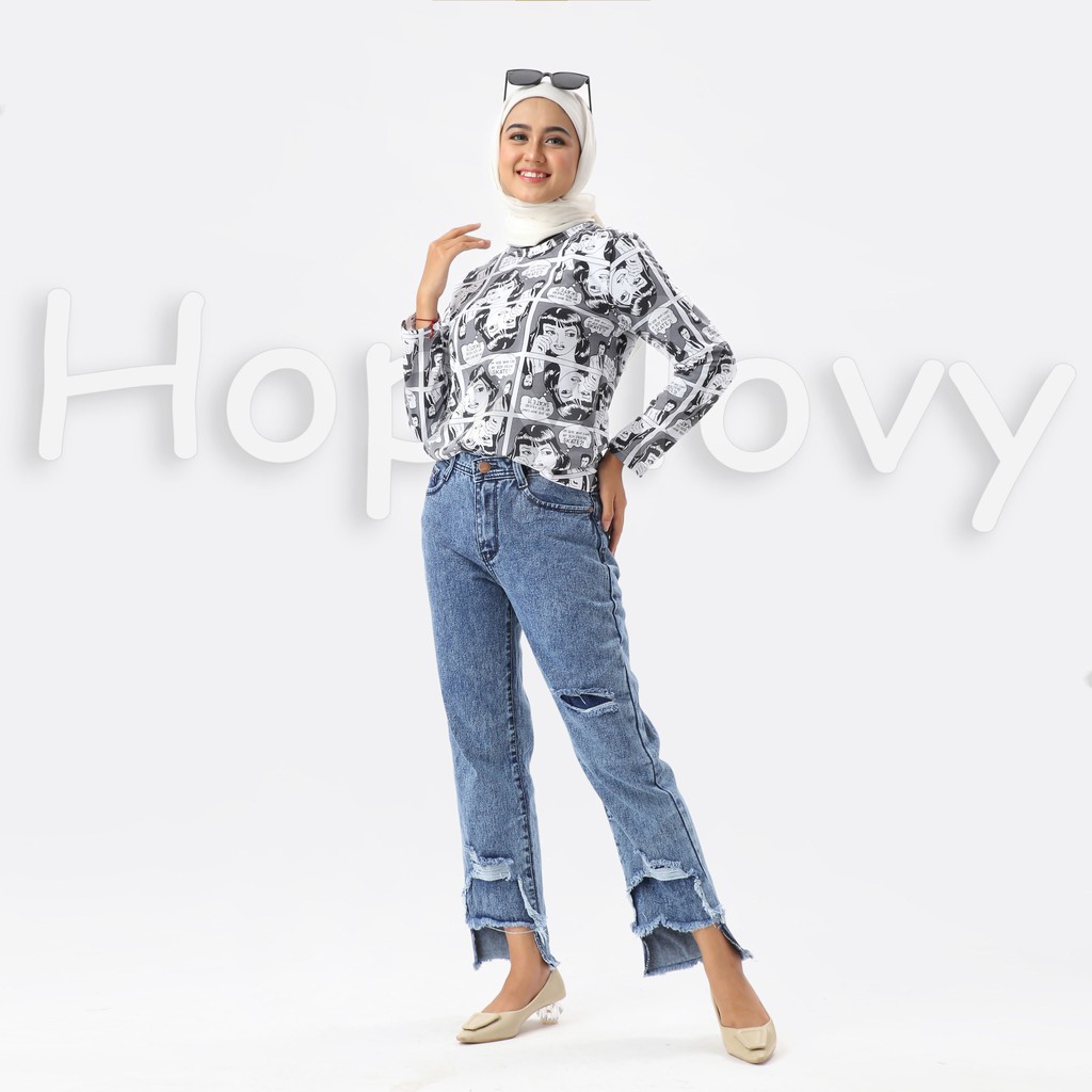 HOPYLOVY - Kaos Wanita Lengan Panjang Motif Printing Komika