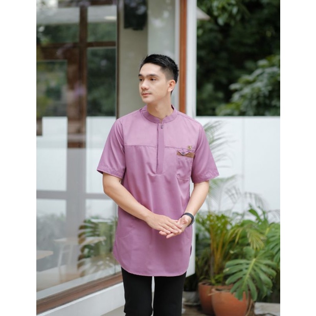 [COD] Baju Gamis Koko Kurta Pria Lengan Pendek Bahan Toyobo Fodu Warna Olive Army, Putih, Lilac