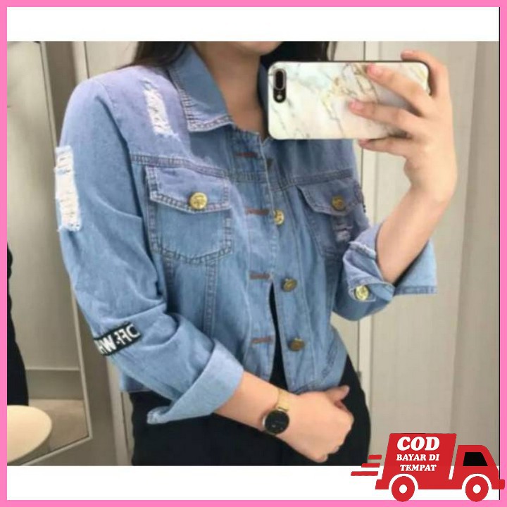 Murah Jaket Motor Hoodie Jacket Denim Jeans Wanita Korea Import A ZP509 Jaket Jeans Off White Statio