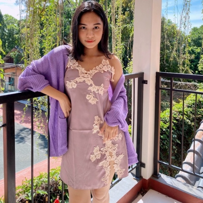 Pluffyschoice Evangeline Nightgown Lingerie Sleepwear Baju Tidur Satin Seserahan Bigsize-LAVENDER