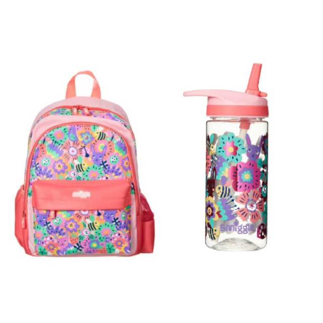 Smiggle Set Wander Junior Backpack and bottle /flowers