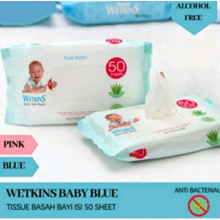 tissue basah wetkins baby pink dan blue random isi 50 pcs