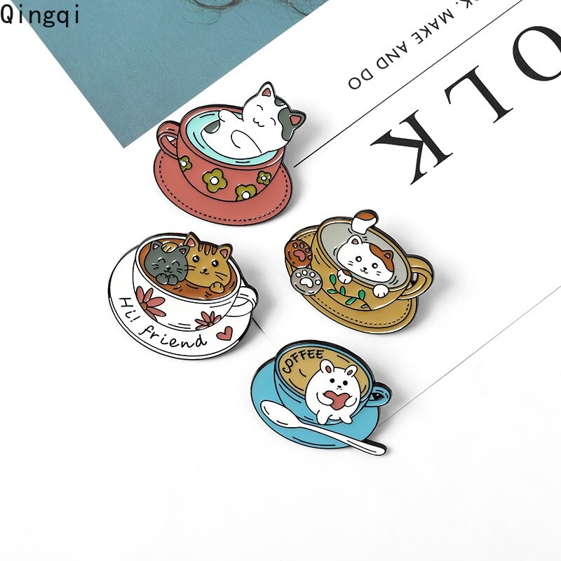 Bros Pin Enamel Bentuk Kartun Kucing Cangkir Kopi Untuk Hadiah