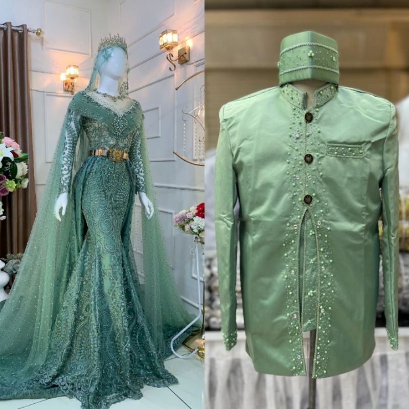 COUPLE WEDDING DRESS NEW MODEL  DUYUNG BEREKOR TERBARU KEBAYA PENGANTIN AKAD NIKAH /BAJU AKAD DRESS MUSLIM/GAUN WEDDING DRESS BEREKOR /SLIM DRESS DUYUNG PAYET JEPANG