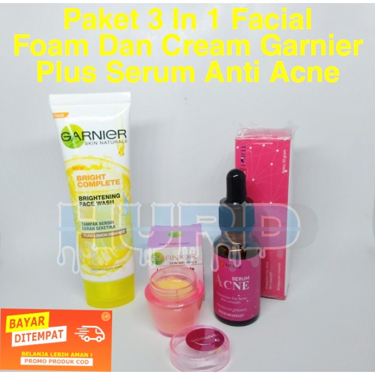 Hurd Store Paket 3 in 1 Facial Foam Garnier Bright Complete dan Cream Garnier Plus Serum Anti Acne