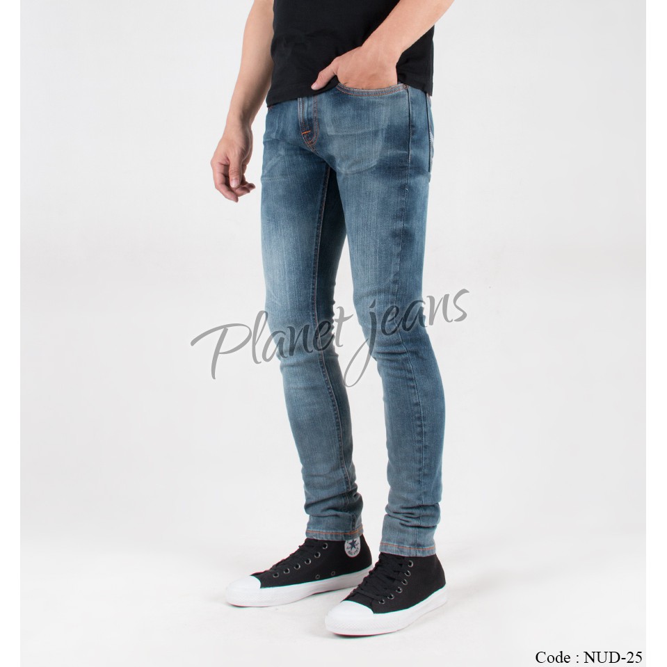 Celana Jeans Skinny nudie blue washed denim skiny Pensil Cowok / Pria 25