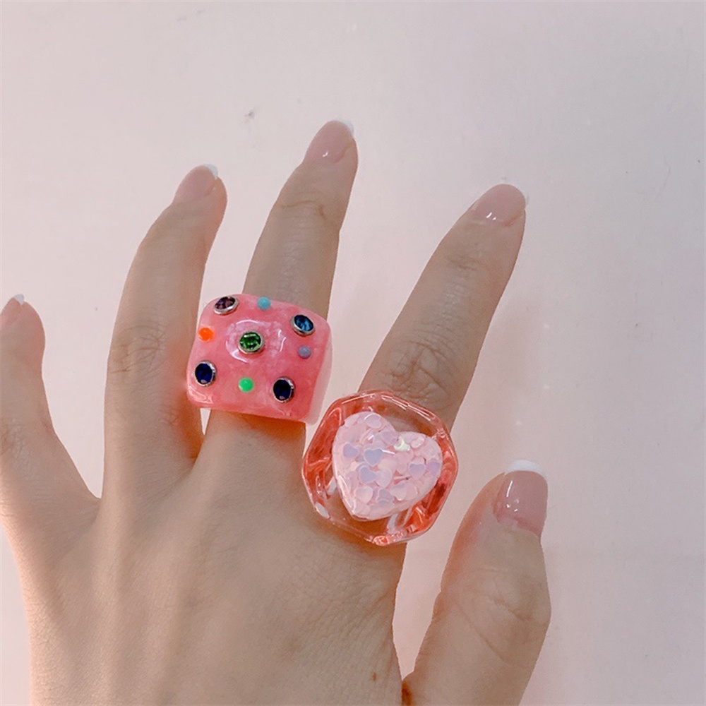 【COD Tangding】Cincin Jari Telunjuk Desain Geometri Persegi Panjang Bahan Resin Hias Sequin Glitter Untuk Wanita