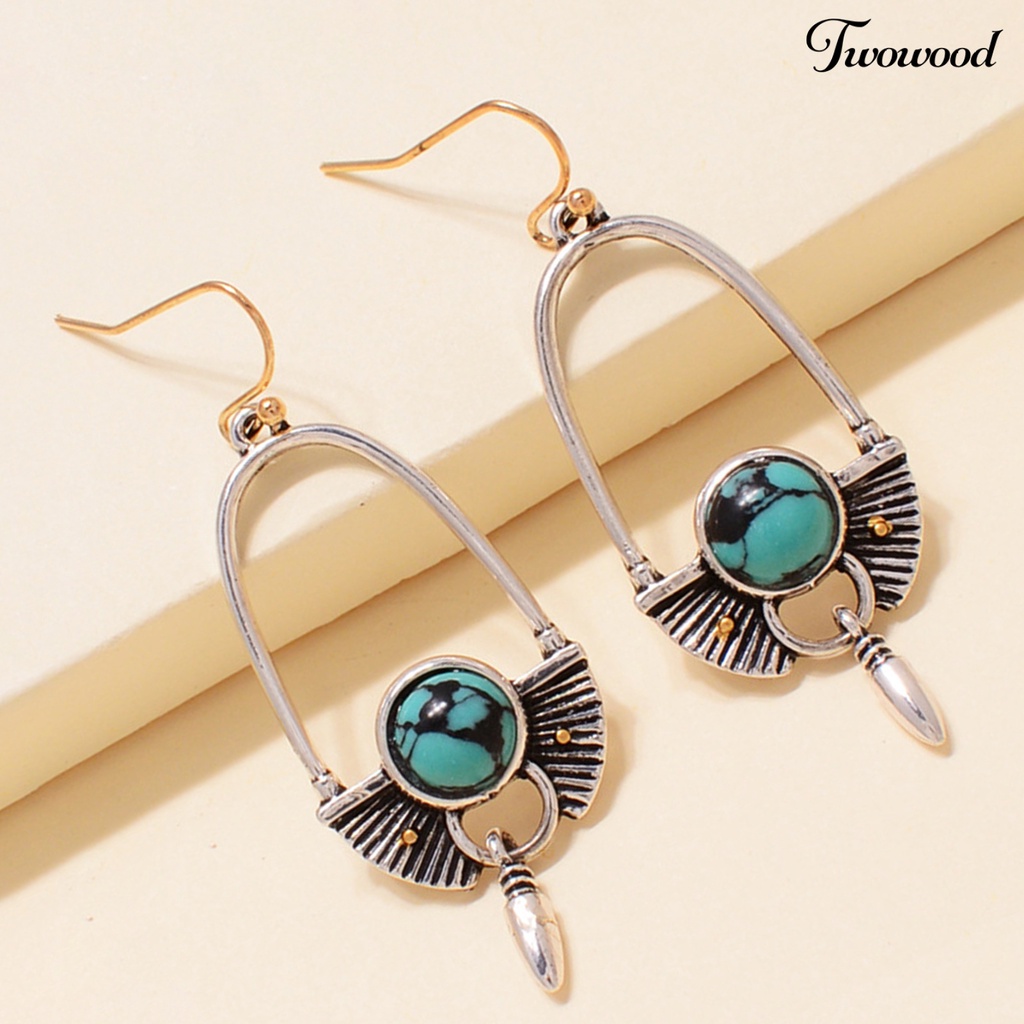 1 Pasang Anting Hook Panjang Bentuk Bulat Turquoise Gaya Bohemia Untuk Hadiah