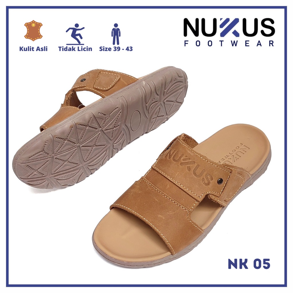 Nukus Sandal Pria Kulit Asli Selop Coklat Krem - NK 05