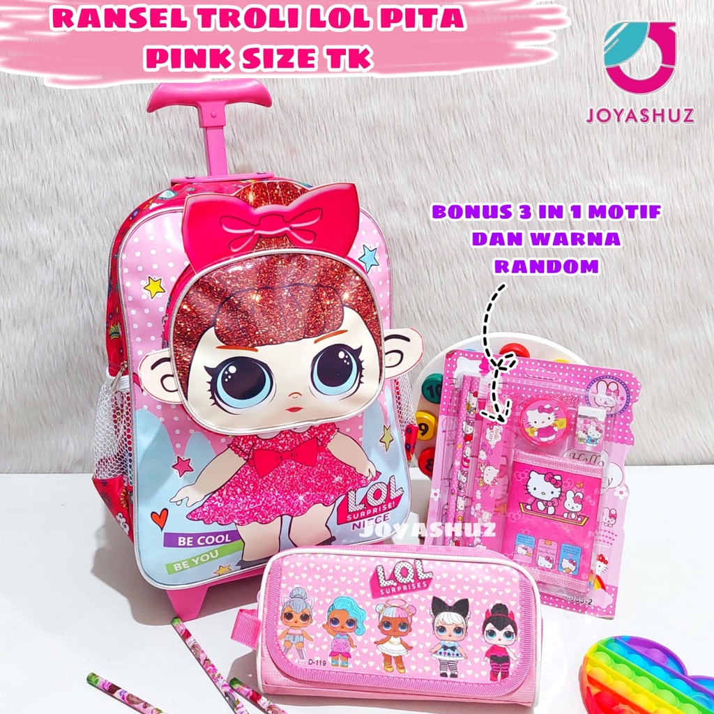 Tas Troli Anak Perempuan TK Gratis Hadiah - Tas Dorong Anak TK Karakter Princess -  Ransel Anak TK - Tas Princess - Tas Anak Troli TK Karakter Princess - Tas Anak Berbonus 4in1 - Joyashuz