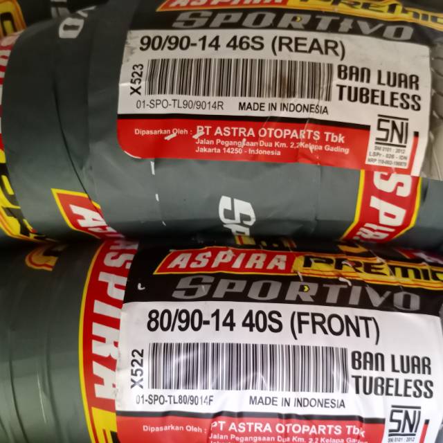 Paket ban tubeless Aspira premio Sportivo 80/90-14 dan 90/90-14 untuk honda beat/vario 125/beat f1