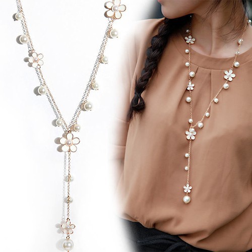 【Hot sale】 Elegant Flower Faux Pearls Sweater Chain Long Pendant Necklace