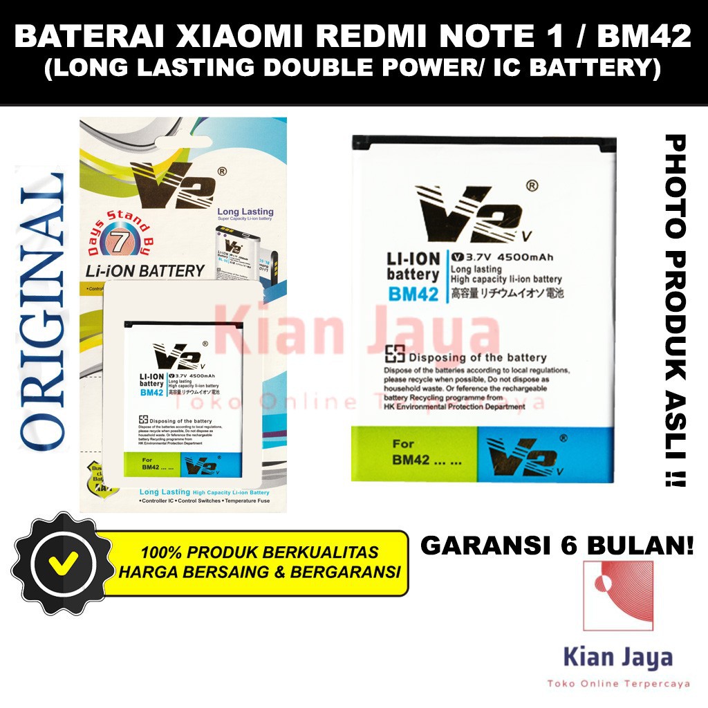 V2 GOLD Baterai Hp Xiaomi Redmi Note 1 BM42 Original Double Power Batre Batrai Battery Long Lasting