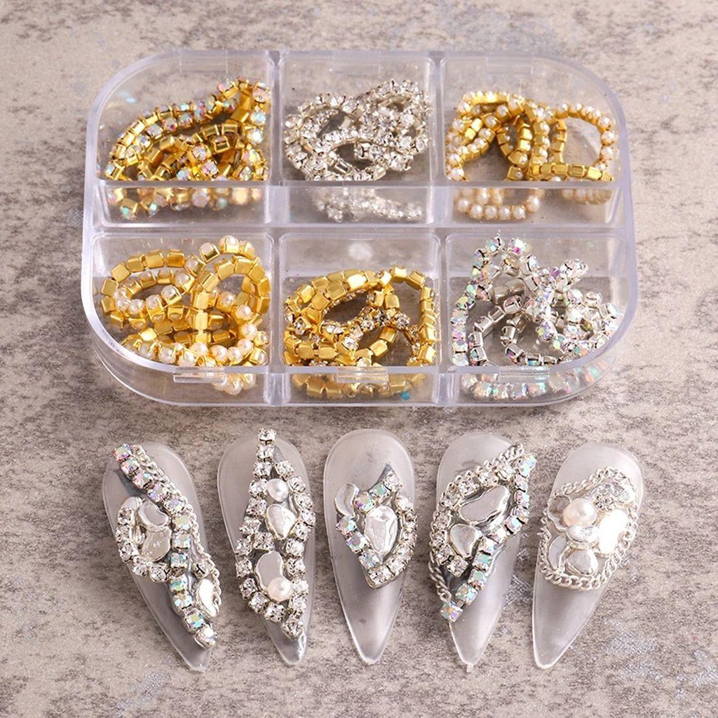 Mxbeauty Rantai Metal Glitter Berlian Imitasi 6 grid Untuk Dekorasi Nail Art 3D DIY