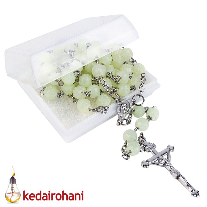 Kalung Rosario Maria Manik Fosfor Motif Mawar 6 Mm Harces Salib Logam
