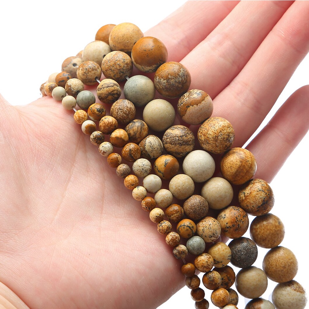 32-89 pcs Natural Brown Gambar Jasper Stone Beads, Diameter 4/6/8/10/12mm, Diameter lubang sekitar 1mm, untuk Membuat Perhiasan DIY