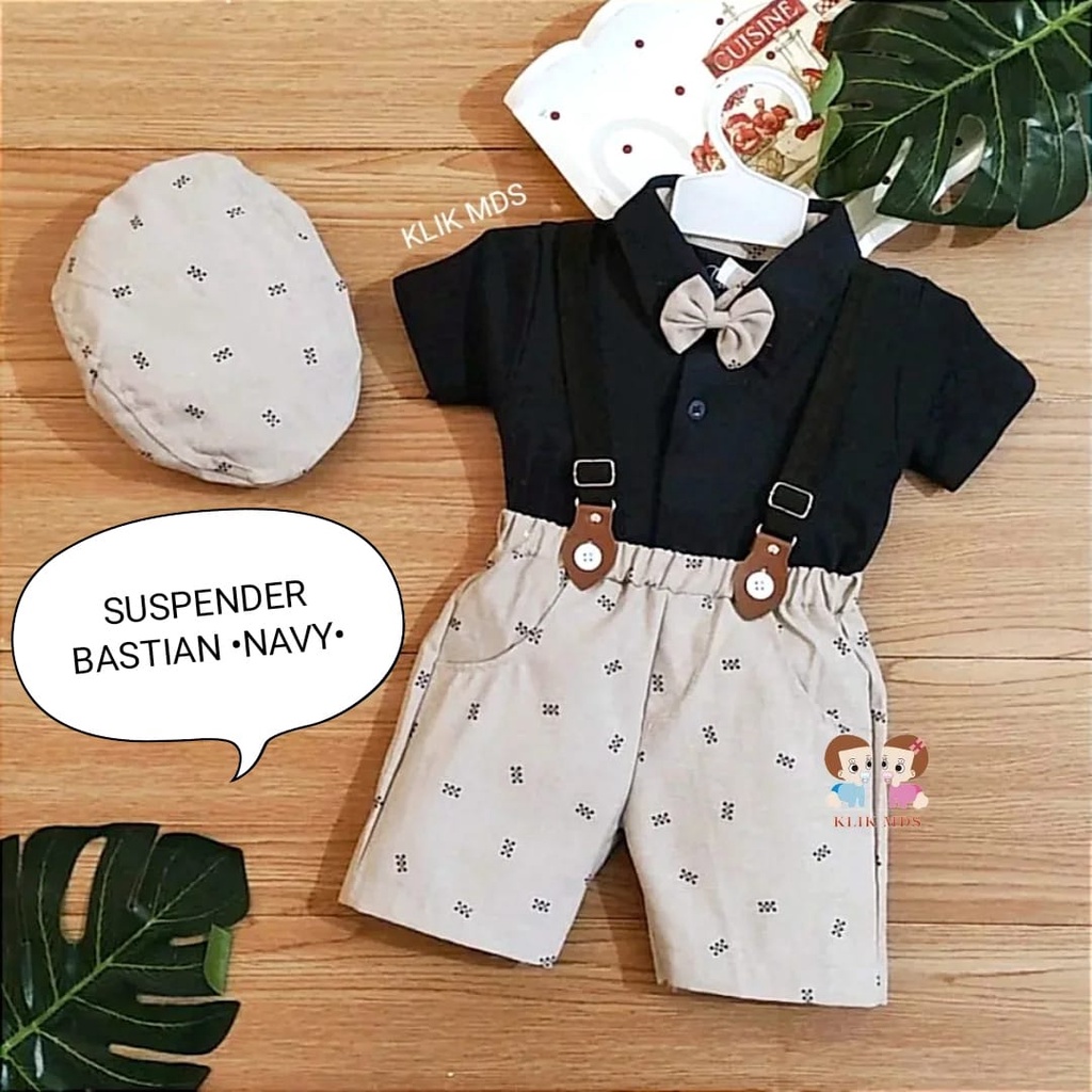 Setelan Jumper Anak Bayi Laki-laki Model Suspender Celana Denim Free Dasi Kupu Dan Topi / Hampers Kado Hadiah Motif Bastian Usia 3-12 Bulan