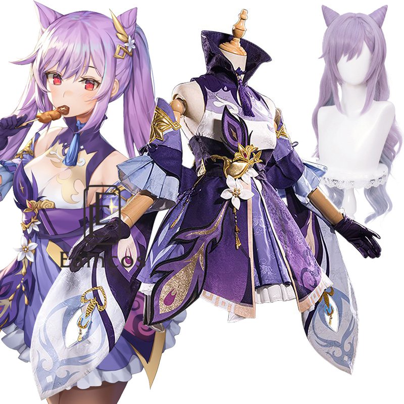 Genshin Impact Keqing Purple Game Suit Dress Lovely Uniform Anime Cosplay Costume Wigs Shoes Hallowe