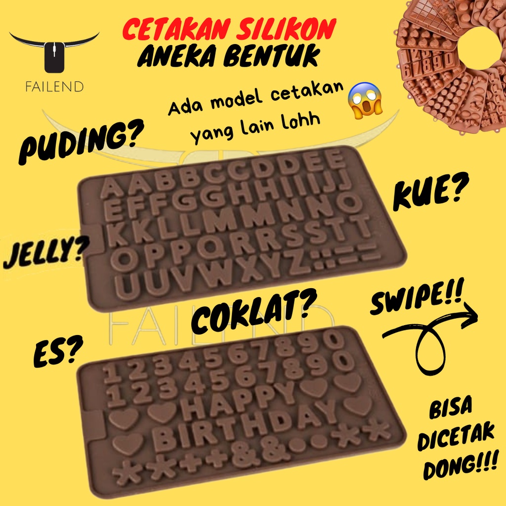 Cetakan silikon kue coklat cokelat puding jelly jely huruf angka happy birthday karakter aneka bentuk