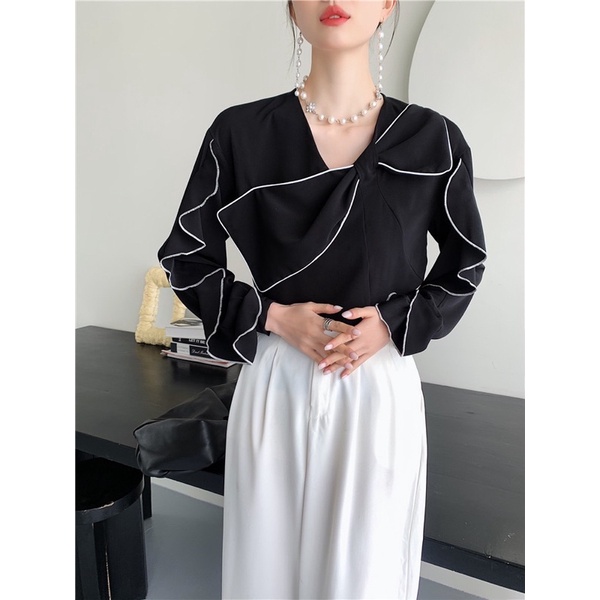 April Blouse Black White / Baju Atasan Pita Wanita Import