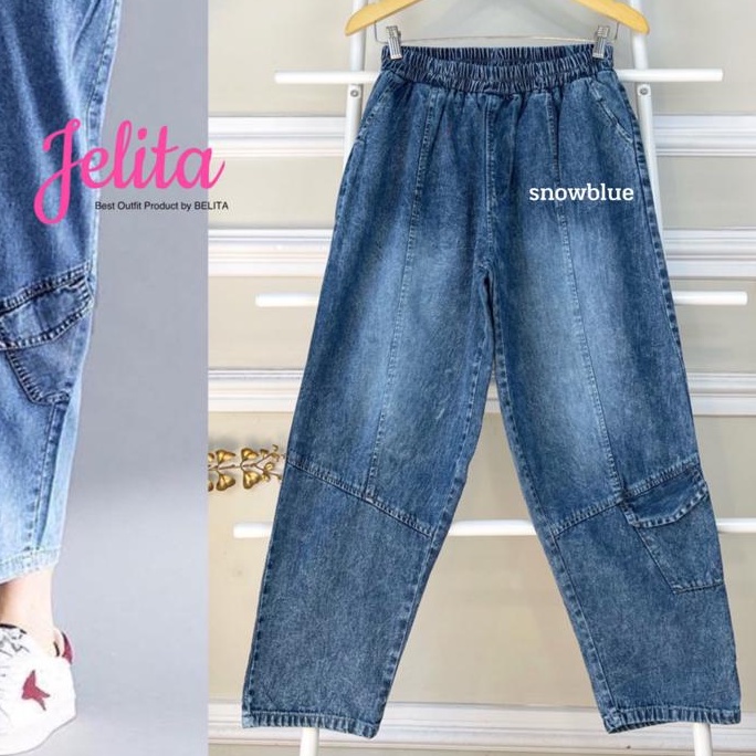 NEW PANTS WANITA MOLA PANTS | Celana Boyfriend Jeans Motif Saku Cargo Bawah Snow